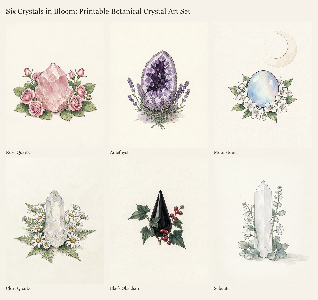 Six Crystals in Bloom: six printable botanical crystal illustrations